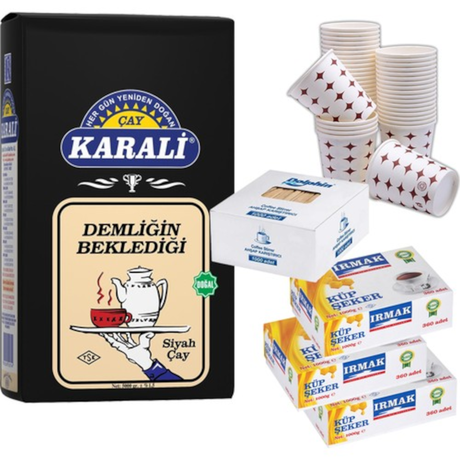 Karali Demliğin Beklediği Çay 5 kg + Karton Bardak 7 Oz 300 Lü + Irmak Küp Şeker 1 kg 3 Lü+ Tahta Karıştırıcı